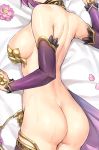  1girl arm_warmers ass back bare_shoulders bed_sheet blush breasts cosplay dakimakura fate/grand_order fate_(series) flower hair_over_one_eye head_out_of_frame kama_(fate/grand_order) kama_(fate/grand_order)_(cosplay) kotatsu_(kotatsu358) lying mash_kyrielight medium_breasts petals pink_flower purple_hair purple_legwear short_hair shoulder_blades solo sweat thighhighs 
