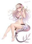  1girl bikini black_hairband breasts cleavage corrin_(fire_emblem) corrin_(fire_emblem)_(female) dragon_tail fire_emblem fire_emblem_fates fire_emblem_heroes flower full_body hair_flower hair_ornament hairband highres long_hair red_eyes simple_background solo spiffydc swimsuit tail thigh_strap twitter_username white_background white_hair wreath 