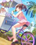  1girl ass back bare_arms bare_legs bare_shoulders beach bicycle blue_sky bracelet breasts brown_hair cart cloud cloudy_sky commentary_request day earrings eating food ground_vehicle hair_ribbon highres holding holding_food ice_cream idolmaster idolmaster_shiny_colors jewelry joey_koguma lens_flare long_hair looking_at_viewer looking_back medium_breasts ocean one-piece_swimsuit open_mouth outdoors palm_tree pink_ribbon pink_swimsuit ponytail red_eyes ribbon sidelocks sign sky slippers solo sonoda_chiyoko striped sunlight swimsuit thighs tree 