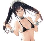  1girl artist_name bangs bare_arms bare_shoulders bikini black-framed_eyewear black_bikini black_bow black_hair black_neckwear bow bowtie breasts brown_eyes collarbone commentary eyebrows_visible_through_hair glasses hands_up lace lace-trimmed_bikini lace_trim long_hair looking_at_viewer maid_headdress nabeshima_tetsuhiro navel original round_eyewear sidelocks simple_background small_breasts solo stomach swimsuit twintails twintails_day twitter_username upper_body white_background white_bow wrist_cuffs 