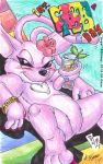  &lt;3 2019 3_toes alcohol alien angel_(lilo_and_stitch) antennae_(anatomy) beverage blush bracelet chest_markings chest_tuft claws cocktail_garnish disney ek_goya english_text experiment_(lilo_and_stitch) eyelashes featureless_crotch female flower fur hawaiian_text hibiscus holding_beverage holding_cup holding_object holding_with_antennae jewelry lilo_and_stitch markings pink_claws pink_fur plant purple_eyes purple_nose reclining signature smile solo text toes traditional_media_(artwork) tuft white_fur 