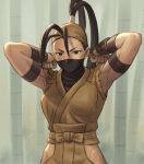  1girl antenna_hair arm_wrap arms_up bamboo bamboo_forest bandana breasts brown_eyes brown_hair commentary_request face_mask forest high_ponytail hip_vent ibuki_(street_fighter) japanese_clothes long_hair looking_at_viewer mask nature ninja noppo_(tarstation) ponytail small_breasts solo standing street_fighter street_fighter_iii_(series) toned tying upper_body v-shaped_eyebrows 