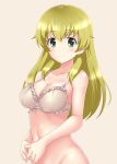 1girl beige_background blonde_hair blush bottomless bra breasts carpaccio cleavage closed_mouth collarbone eyebrows_visible_through_hair frilled_bra frills girls_und_panzer green_eyes groin highres large_breasts lingerie long_hair looking_at_viewer navel nendoroya no_panties shiny shiny_hair shiny_skin simple_background smile solo underwear underwear_only upper_body white_bra 
