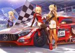  3girls ahoge ankle_boots artoria_pendragon_(all) ask_(askzy) ass bangs black_legwear blonde_hair blue_eyes blue_ribbon blue_sky blush boots braid breasts car checkered checkered_flag cleavage closed_mouth cloud confetti day decal elbow_gloves fate/apocrypha fate/extra fate/grand_order fate/unlimited_codes fate_(series) flag full_body gloves goodsmile_racing green_eyes ground_vehicle hair_ribbon holding holding_flag holding_umbrella jacket jacket_removed jeanne_d&#039;arc_(fate) jeanne_d&#039;arc_(fate)_(all) large_breasts leotard long_hair looking_at_viewer looking_back mercedes-benz motor_vehicle multiple_girls nero_claudius_(fate) nero_claudius_(fate)_(all) official_art open_mouth orange_legwear outdoors ponytail purple_eyes race_queen red_footwear red_ribbon ribbon saber saber_lily short_jumpsuit sidelocks single_braid sitting sky smile thighhighs toosaka_rin umbrella very_long_hair 