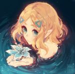  1girl aqua_eyes artist_name bangs blonde_hair blue_flower braid closed_mouth commentary crown_braid english_commentary flower from_above hair_ornament hairclip highres holding holding_flower kamochiru looking_at_viewer looking_up parted_bangs partially_submerged pointy_ears princess_zelda ripples short_hair sketch smile solo the_legend_of_zelda the_legend_of_zelda:_breath_of_the_wild the_legend_of_zelda:_breath_of_the_wild_2 thick_eyebrows upper_body water 