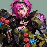  bangs blue_eyes body_writing breasts brown_jacket candy cleavage ear_piercing facial_mark food gauntlets goggles grey_background jacket league_of_legends lips lipstick lollipop makeup open_clothes open_jacket piercing pink_hair pink_lips short_hair solo swept_bangs undercut upper_body vi_(league_of_legends) w2398510474 