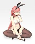 1girl akashi_(kantai_collection) bangs black_legwear black_shorts bow bowtie breasts bunny_girl cleavage cleavage_cutout crossed_legs cuffs eyebrows_visible_through_hair flats full_body green_eyes grey_background hair_ribbon headband highres kantai_collection long_hair navel open_mouth pink_hair red_ribbon ribbon short_shorts shorts simple_background sitting solo suspenders thighhighs thighs tress_ribbon yuuji_(and) 