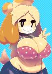  2019 absurd_res animal_crossing anthro big_breasts blush bodily_fluids breasts canid canine canis cleavage clothed clothing collar comic domestic_dog female fur gesture hi_res huge_breasts isabelle_(animal_crossing) looking_at_viewer mammal nintendo simple_background smile solo sqoon sssonic2 sweat thick_thighs toy_dog v_sign video_games voluptuous wide_hips 