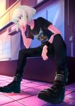    bangs black_shirt casual clothes_writing denim foreshortening green_hair hand_on_own_cheek highres jeans lio_fotia male_focus mom_bolo pants promare purple_eyes shirt shoes short_hair short_sleeves sitting sneakers solo t-shirt 