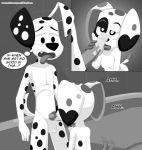  101_dalmatian_street 101_dalmatians absurd_res anthro anthro_on_anthro balls black_and_white breasts canid canine canis da_vinci_(101_dalmatians) dalmatian disney domestic_dog duo dylan_(101_dalmatians) english_text erection female greyscale hi_res incest licking male male/female mammal monochrome nude oral penile penis penis_lick playzone sex small_breasts text thought_bubble tongue tongue_out 
