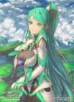  1girl armor bangs breasts cloud cloudy_sky day earrings gloves green_eyes green_hair jewelry landscape large_breasts long_hair looking_at_viewer marfrey outdoors pneuma_(xenoblade_2) ponytail sky smile solo spoilers swept_bangs tiara very_long_hair xenoblade_(series) xenoblade_2 
