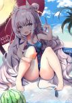  +_+ 1girl absurdres azur_lane barefoot blue_eyes blue_sky blue_swimsuit breasts cloud cooler copyright_name day double_bun eyebrows_visible_through_hair food fruit hat highres le_malin_(azur_lane) long_hair looking_at_viewer outdoors palm_tree school_swimsuit shade silver_hair sitting sky small_breasts solo straw_hat swimsuit tree watermelon yue_(qtxyjiang) 