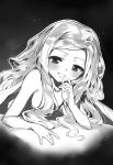  1girl :d arisa_(death_march) bangs collarbone death_march_kara_hajimaru_isekai_kyousoukyoku flat_chest greyscale hair_censor hair_over_breasts highres long_hair looking_at_viewer lying monochrome novel_illustration nude official_art on_stomach open_mouth shri smile solo swept_bangs under_covers upper_body very_long_hair 