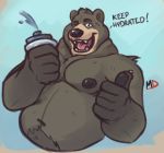  2019 american_black_bear anthro belly black_bear black_fur bodily_fluids english_text fur male mammal minedoo moobs navel nipples one_eye_closed overweight overweight_male simple_background solo sweat text ursid ursine wink 