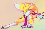  2019 ambiguous_gender ancesra anthro armwear black_sclera blue_eyes bridal_gauntlets canid canine clothing digimon digimon_(species) fur mammal renamon simple_background solo torn_clothing yellow_fur 