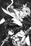  2girls :d animal_ear_fluff animal_ears bangs boots bow bowtie cat_ears cat_tail death_march_kara_hajimaru_isekai_kyousoukyoku dog_ears dog_tail eyebrows_visible_through_hair fang greyscale highres holding holding_shield holding_sword holding_weapon looking_at_viewer monochrome multicolored_hair multiple_girls novel_illustration official_art open_mouth pochi_(death_march) shield shirt short_shorts short_sleeves shorts shri smile sword tail tama_(death_march) two-tone_hair weapon 