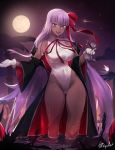 1girl artist_name bangs bare_shoulders bb_(fate)_(all) bb_(swimsuit_mooncancer)_(fate) black_coat breasts cocktail_glass collared covered_navel cup drinking_glass fate/grand_order fate_(series) full_moon gloves highleg highleg_leotard highres holding holding_cup large_breasts lavender_eyes lavender_hair leotard long_hair moon night off_shoulder open_mouth outdoors red_ribbon ribbon ryairyai smile solo star_(sky) swimsuit very_long_hair wading water wet white_gloves white_leotard 