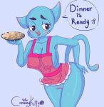  anthro apron black_eyes blue_fur blush breasts butt cartoon_network clothing creamy_kitty dialogue digital_media_(artwork) domestic_cat felid feline felis female fingers food fur half-closed_eyes hand_on_butt leaning leaning_forward looking_aside mammal mature_female nicole_watterson presenting pussy seductive simple_background smile solo the_amazing_world_of_gumball whiskers white_background 