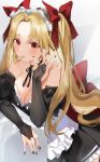  alternate_costume apron bangs blonde_hair breasts bridal_gauntlets choker cleavage earrings enmaided ereshkigal_(fate/grand_order) fate/grand_order fate_(series) frilled_apron frills hand_up highres infinity jewelry large_breasts leaning_on_object long_hair maid maid_headdress parted_bangs red_eyes ribbon_choker skull tongue tongue_out toosaka_rin two_side_up yuuko_(030_yuko) 