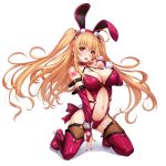  1girl animal_ears arm_strap bangs bare_shoulders blonde_hair blush boots breasts bridal_gauntlets bunny_ears bunny_tail bunnysuit cleavage detached_collar fake_animal_ears finger_to_mouth floating_hair full_body garter_straps high_heel_boots high_heels highres kneeling large_breasts leotard long_hair looking_at_viewer o-ring original red_eyes red_leotard red_nails revealing_clothes sakiyamama sidelocks signature solo tail thigh_boots thighhighs thighhighs_under_boots twintails wrist_cuffs 