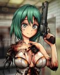  1girl android barcode barcode_tattoo blood bullet_hole commentary damaged green_eyes green_hair gun handgun holding holding_gun holding_weapon looking_at_viewer missing_limb original parts_exposed revolver russian_text short_hair solo tattoo weapon zap-nik 