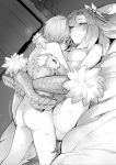  1boy 1girl ass asutora bangs blunt_bangs blush breasts eyebrows_visible_through_hair feathers greyscale hetero highres hug indoors kikimora_(monster_girl_encyclopedia) leg_lock lying medium_breasts missionary monochrome monster_girl monster_girl_encyclopedia nipples nose_blush nude on_back on_bed sex short_hair shota smile sweat tail 