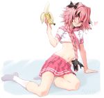  1boy arm_support astolfo_(fate) astolfo_(fate)_(cosplay) banana bangs black_bow black_hair black_ribbon blush bow braid commentary_request cosplay crop_top drooling eyebrows_visible_through_hair fate/apocrypha fate_(series) food fruit full_body gd._fengzi grin hair_between_eyes hair_bow hair_over_shoulder hair_ribbon half-closed_eyes head_tilt heart highres holding holding_food holding_fruit kneehighs long_hair looking_at_viewer male_focus midriff multicolored_hair naughty_face navel otoko_no_ko phallic_symbol pink_hair pink_skirt pleated_skirt purple_eyes reclining ribbon saliva school_uniform serafuku shiny shiny_hair signature single_braid skirt smile solo streaked_hair white_background white_hair white_legwear wig 