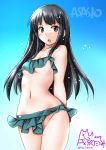  1girl arms_behind_back artist_logo asashio_(kantai_collection) bikini bikini_skirt black_hair blue_background blue_eyes breasts character_name collarbone cosplay cowboy_shot gradient gradient_background green_bikini kantai_collection kasumi_(kantai_collection) kasumi_(kantai_collection)_(cosplay) long_hair looking_at_viewer navel open_mouth small_breasts solo standing swimsuit tatsumi_ray twitter_username 