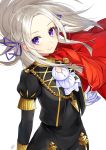  1girl blonde_hair blue_eyes cape cravat edelgard_von_hresvelgr_(fire_emblem) fire_emblem fire_emblem:_three_houses gloves hair_ornament hair_ribbon long_hair looking_at_viewer red_cape ribbon ringozaka_mariko simple_background smile solo uniform white_background 