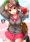  1girl :d bag breasts brown_hair buttons collarbone female_protagonist_(pokemon_swsh) green_headwear green_legwear grey_jacket hand_up heart highres holding jacket leg_up looking_at_viewer medium_breasts mokufuu open_mouth pink_shirt poke_ball poke_ball_(generic) pokemon pokemon_(game) pokemon_swsh pokemon_trainer red_eyes shadow shirt shoes short_hair signature smile socks solo spoken_heart 
