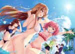  2boys 3girls arms_up beach black_hair blurry blurry_background brown_hair cloud cocoa_music commentary_request doumyouji_cocoa doumyouji_haruto game_club_project green_eyes kazami_ryou long_hair multiple_boys multiple_girls navel necomi official_art one_eye_closed open_mouth palm_tree pink_hair sakuragi_miria short_hair sky swimsuit tree twintails virtual_youtuber water_drop yumesaki_kaede 