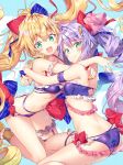  2girls :d ahoge alternate_costume alternate_hairstyle armband ass azur_lane bandeau bare_legs bare_shoulders bikini blonde_hair blue_background blue_bow blush bow breasts butt_crack collarbone commentary_request cross cross_earrings earrings feet_out_of_frame frilled_bikini frills green_eyes hair_bow hair_intakes hug jewelry l&#039;opiniatre_(azur_lane) l&#039;opiniatre_(magical_summer)_(azur_lane) le_temeraire_(azur_lane) leg_garter long_hair manicure medium_breasts multiple_girls nail_polish navel open_mouth polka_dot polka_dot_background purple_bikini purple_hair red_bow red_nails riichu sidelocks small_breasts smile stomach strapless strapless_bikini swimsuit thigh_strap thighs twintails very_long_hair 
