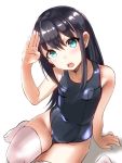  1girl absurdres alternate_costume alternate_legwear arm_support asashio_(kantai_collection) black_hair blue_eyes blue_swimsuit blush breasts collarbone covered_navel eureka_(eureka-0075) eyebrows_visible_through_hair hair_between_eyes highres kantai_collection long_hair looking_at_viewer old_school_swimsuit one-piece_swimsuit open_mouth salute school_swimsuit shadow simple_background sitting small_breasts solo swimsuit teeth thighhighs white_background white_legwear 