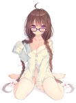  1girl ahoge banned_artist bare_legs bare_shoulders barefoot between_legs black-framed_eyewear blush braid breasts brown_hair buttons cherry_blossoms cleavage closed_mouth collarbone dress_shirt flower full_body glasses hair_flower hair_ornament hairclip highres long_hair long_sleeves looking_at_viewer looking_over_eyewear low_twintails medium_breasts naked_shirt navel off_shoulder original partially_unbuttoned purple_eyes rurudo shadow shirt simple_background sitting sleeves_past_fingers sleeves_past_wrists solo thighs twin_braids twintails twitter_username very_long_hair wariza white_background white_flower white_shirt 