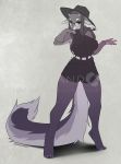  anthro canid canine clothed clothing eyelashes eyewear female glasses hat headgear headwear hi_res horn mammal pandora_(artist) solo standing watermark wide_hips 