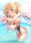  1girl bangs bent_over blonde_hair blue_eyes blush breasts bubble_tea bubble_tea_challenge competition_swimsuit covered_nipples cup disposable_cup drinking drinking_straw fate/grand_order fate_(series) highres holding holding_jacket hood hooded_jacket jacket jeanne_d&#039;arc_(fate)_(all) jeanne_d&#039;arc_(swimsuit_archer) large_breasts long_braid long_hair looking_at_viewer object_on_breast ocean one-piece_swimsuit ponytail sky solo suigetsu_(hjs1106) swimsuit wading water whistle whistle_around_neck white_swimsuit 