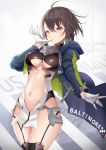 1girl ahoge azur_lane baltimore_(azur_lane) bangs black_hair blue_jacket braid breasts choker cleavage commentary_request eyebrows_visible_through_hair gloves highres in_mouth jacket large_breasts long_sleeves looking_at_viewer short_hair solo standing tagme thighhighs white_gloves yellow_eyes zotari 
