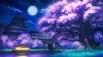  architecture boat bridge building castle cherry_blossoms cloud cloudy_sky commentary_request east_asian_architecture full_moon grass moon night night_sky no_humans official_art outdoors river scenery shiki_makoto sky star_(sky) starry_sky tree urashimasakatasen water watercraft 