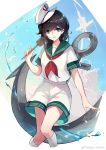  1girl :d anchor anchor_symbol artist_name bangs black_hair chinese_commentary commentary_request cropped_legs eyebrows_visible_through_hair feet_out_of_frame green_eyes green_sailor_collar hair_between_eyes hand_up hat highres hishaku holding kneehighs looking_at_viewer murasa_minamitsu neckerchief open_mouth red_neckwear sailor_collar sailor_hat sailor_shirt sam_ashton ship shirt short_hair shorts smile solo thighs touhou water_drop watercraft weibo_logo weibo_username white_background white_headwear white_legwear white_shirt white_shorts 