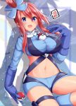  1girl :d blue_eyes blue_gloves blue_legwear blue_shirt blue_shorts blush breasts crop_top fuuro_(pokemon) gloves hair_ornament highres large_breasts long_hair long_sleeves looking_at_viewer midriff mokufuu motion_lines musical_note navel object_on_breast open_mouth poke_ball poke_ball_(generic) pokemon pokemon_(game) pokemon_bw pokemon_trainer red_hair shirt short_shorts shorts sidelocks signature smile socks solo spoken_musical_note thighs 