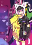  1girl bag bangs blue_eyes choker earrings eyebrows_visible_through_hair facial_mark fang hat highres hood hooded_jacket jacket jewelry looking_at_viewer open_mouth original pink_hair sleeves_past_wrists solo tail tsukigami_runa 