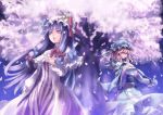  2girls bow cherry_blossoms dress flowers hat long_hair michiking patchouli_knowledge petals pink_hair purple_eyes purple_hair saigyouji_yuyuko short_hair touhou 