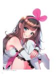  1girl a.i._channel aqua_eyes arm_warmers bangs bare_shoulders blush breasts brown_hair fingernails hairband highres kizuna_ai knees_up leg_hug lips long_hair looking_at_viewer medium_breasts morikura_en multicolored_hair official_art page_number parted_lips pink_hair pink_hairband shiny shiny_hair shiny_skin shorts simple_background sleeveless smile solo thighhighs virtual_youtuber white_background white_shorts 