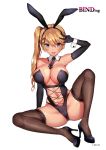  1girl animal_ears arm_support arm_up armpits artist_name ass bangs blonde_hair blue_eyes blush breasts brown_legwear bunny_ears bunny_girl cleavage dark_skin detached_collar elbow_gloves eyebrows_visible_through_hair fake_animal_ears fishnet_legwear fishnets full_body gloves hair_between_eyes hair_ornament hairclip high_heels highleg highleg_leotard lace lace-trimmed_gloves lace-trimmed_legwear large_breasts leotard lips long_hair looking_at_viewer matarou_(genkai_toppa) navel necktie official_art original ponytail side_ponytail simple_background sitting skindentation smile solo strapless strapless_leotard swept_bangs thighhighs v-shaped_eyebrows w white_background wrist_cuffs x_hair_ornament 