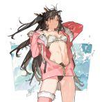  1girl ass_visible_through_thighs bikini black_hair collarbone earrings fate/grand_order fate_(series) fur_trim groin hair_ornament ishtar_(fate/grand_order) jacket jewelry long_hair navel open_clothes open_jacket pink_jacket red_eyes single_thighhigh solo starshadowmagician swimsuit thighhighs toosaka_rin twintails water waves 