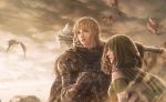 2girls armor artist_name bearer_of_the_curse black_cape brown_sky cape clenched_hand dark_souls_ii emerald_herald gauntlets green_cape holding holding_weapon hood jdori long_hair mace multiple_girls outdoors over_shoulder souls_(from_software) standing upper_body weapon 