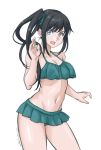  1girl absurdres asashio_(kantai_collection) bikini bikini_skirt black_hair blue_eyes breasts cleavage collarbone commentary_request contrapposto cosplay cowboy_shot dated green_bikini highres kantai_collection kasumi_(kantai_collection) kasumi_(kantai_collection)_(cosplay) long_hair looking_at_viewer navel side_ponytail simple_background small_breasts solo sozan swimsuit twitter_username white_background 