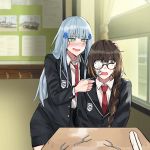  2girls alternate_costume alternate_hairstyle alternate_universe blush bullying classroom closed_eyes desk eyepatch fork girls_frontline glasses highres hk416_(girls_frontline) m16a1_(girls_frontline) mmm_(ji1945) multiple_girls pencil_case scar scar_across_eye school_uniform 