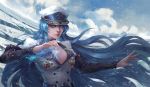  1girl akame_ga_kill! aura blue_eyes blue_hair breasts choker cleavage closed_mouth commentary_request esdeath hat highres ice junqi_mu large_breasts long_hair looking_at_viewer military military_uniform outstretched_arms peaked_cap snow solo uniform very_long_hair 