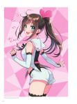  1girl a.i._channel aqua_eyes ass bangs bare_shoulders blue_eyes blush breasts brown_hair cowboy_shot detached_sleeves eyebrows_visible_through_hair from_behind hair_between_eyes highres kizuna_ai lips long_hair looking_at_viewer looking_back morikura_en official_art open_mouth page_number polka_dot polka_dot_background ponytail round_teeth short_shorts shorts sidelocks simple_background solo standing teeth thighhighs twitter_username virtual_youtuber 